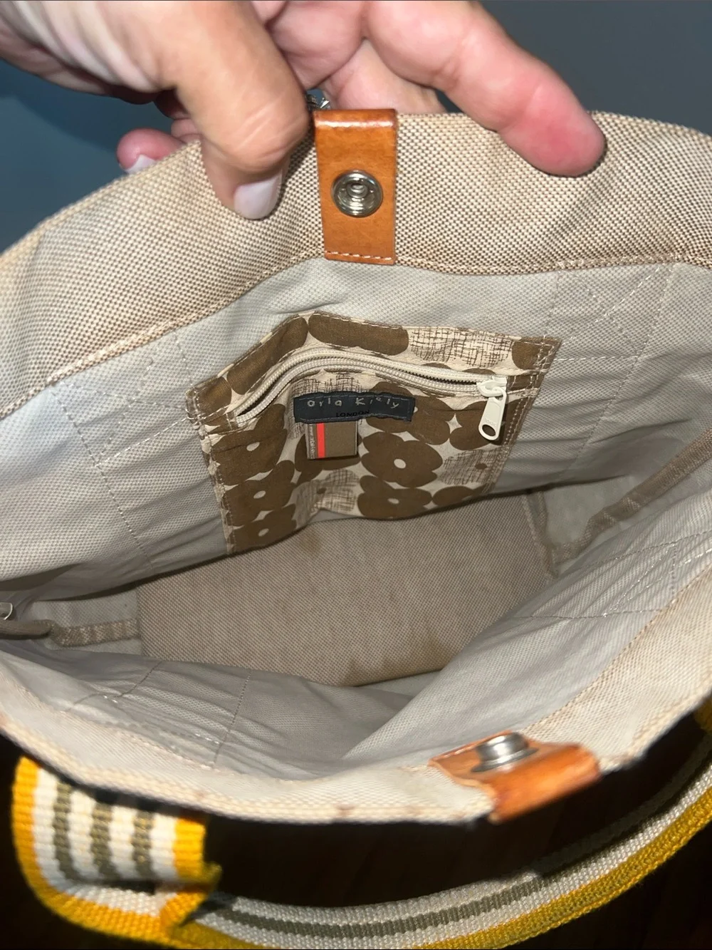 Orla Kiely Beige Canvas Tote with Yellow-Trim Straps